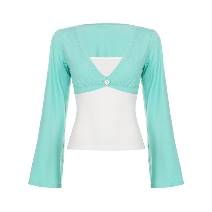 Women's Nan Bolero Overlay Top with Deep V-Neck, Flared Trumpet Sleeves and Integrated Camisole Mune Fashion
