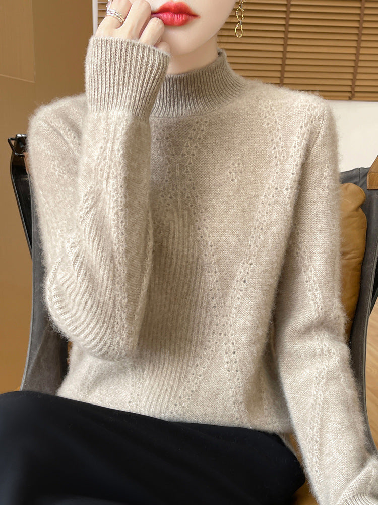 Women's Light Mockneck Fine Knit Sweater with Openwork Chevron and Cashmere Soft Finish Mune Fashion