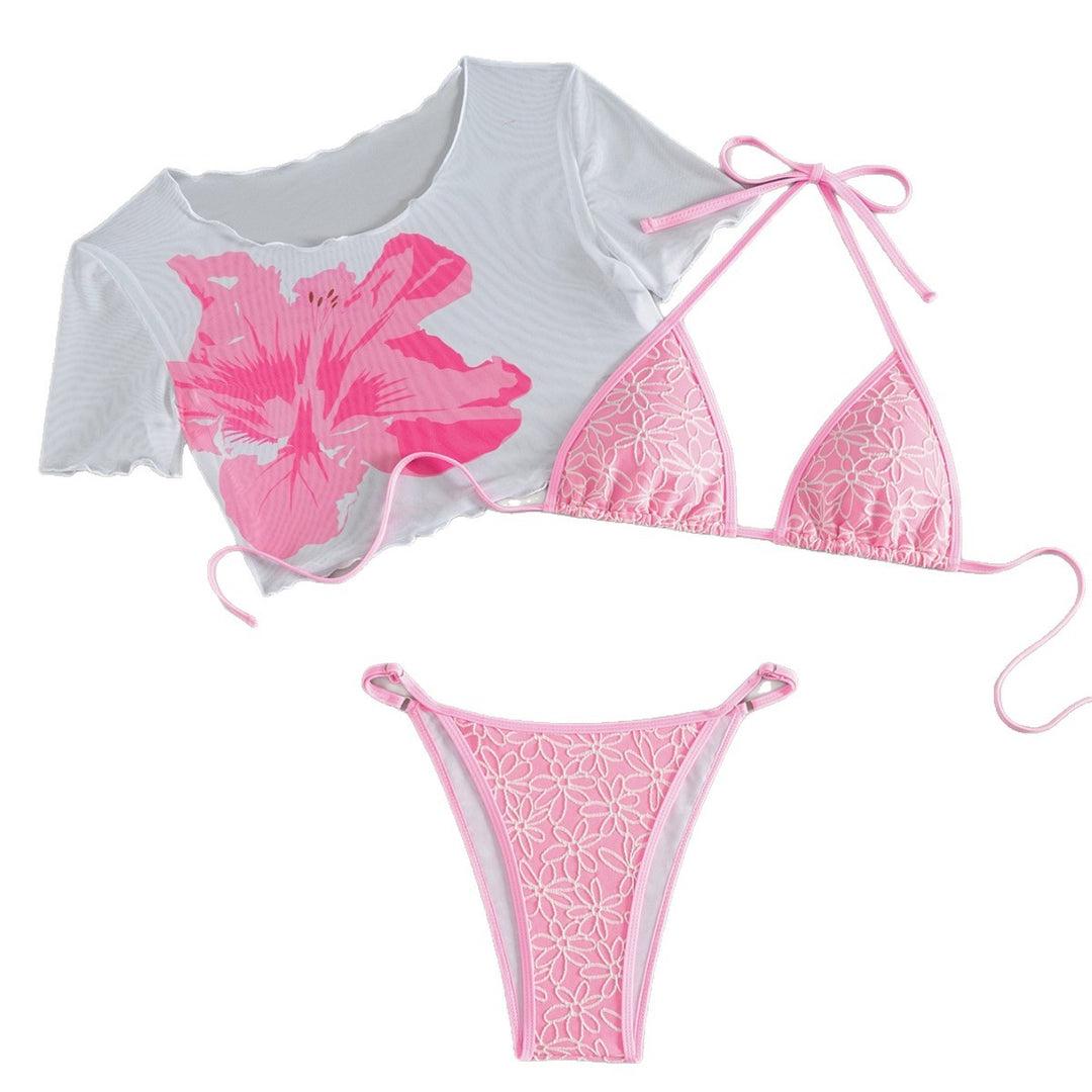 Women's Crop Top Bikini Set with Floral Design and Transparent Overlay Mune Fashion