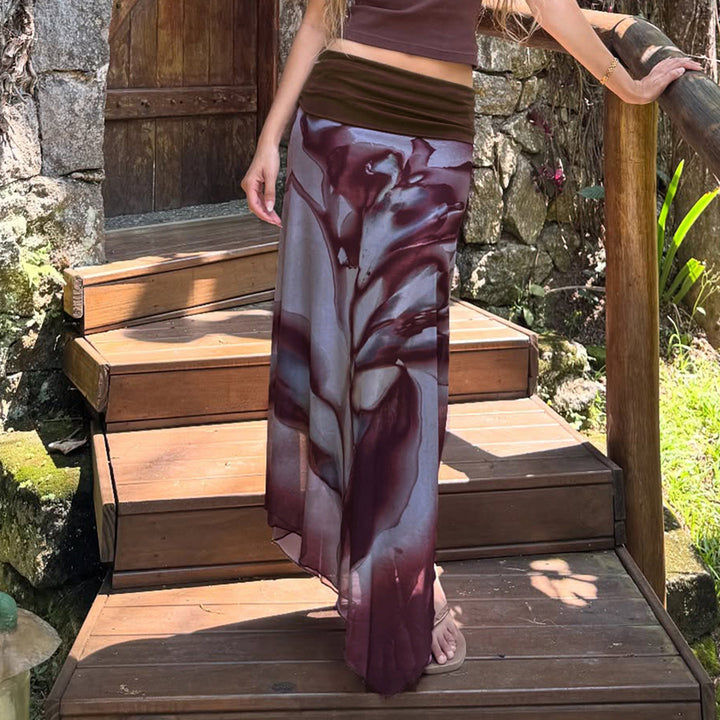 Women Asymmetrical Layered Chiffon Maxi Skirt with Folded Waistband and Watercolor Print Mune Fashion