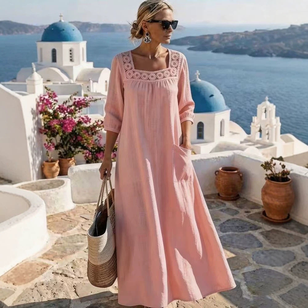 Women's maxi dress with crochet square neckline, three-quarter sleeves, and pocket Mune Fashion