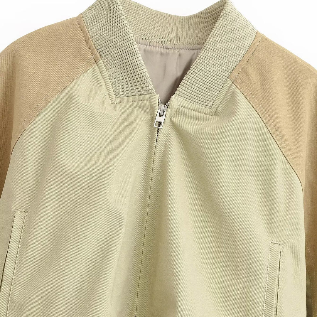 Women's Short Cut Colorblock Bomber Jacket with Raglan Sleeves and Ribbed Cuffs Mune Fashion