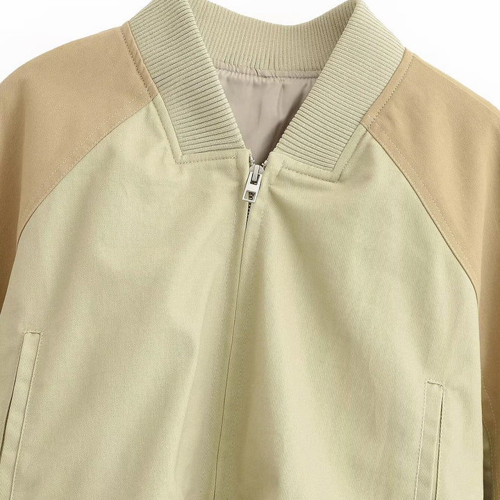 Women's Short Cut Colorblock Bomber Jacket with Raglan Sleeves and Ribbed Cuffs Mune Fashion