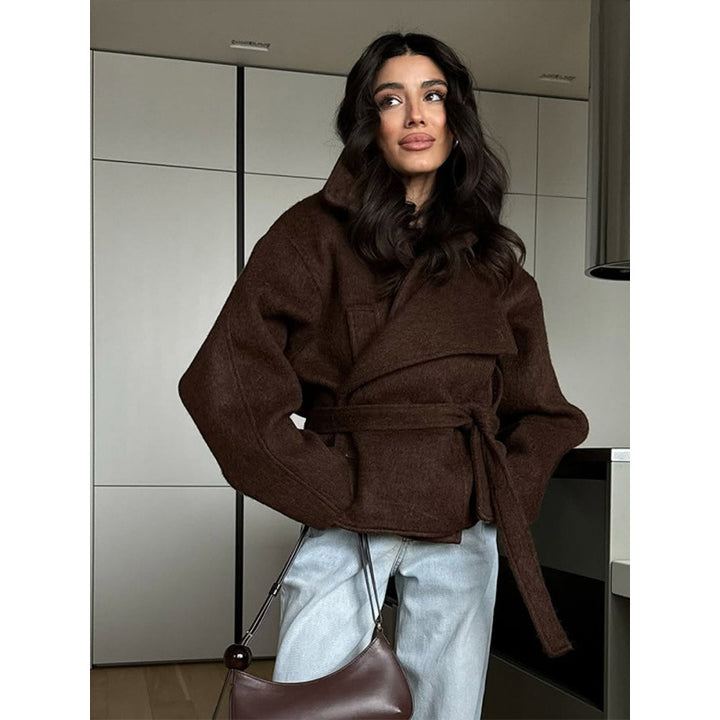 Women's Oversize Short Coat made of Wool Blend with Ties and Stand-Up Collar Mune Fashion