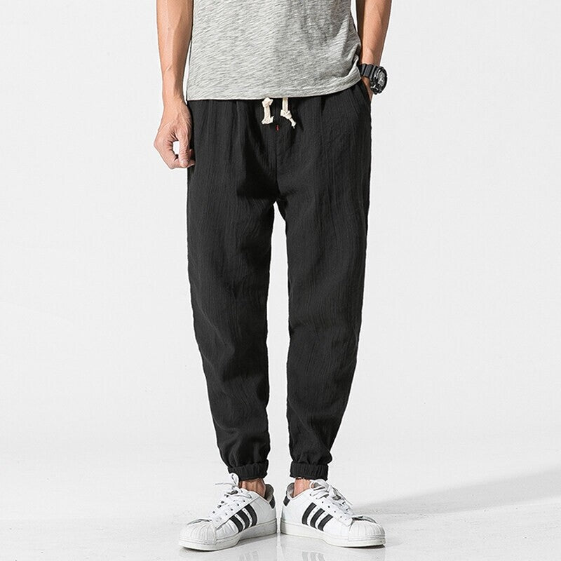 Men's Casual Linen Blend Jogging Pants with Drawstring, Ribbed Textured Fabric and Elastic Cuffs Mune Fashion