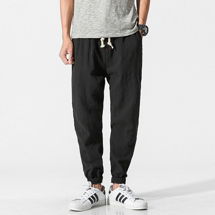 Men's Casual Linen Blend Jogging Pants with Drawstring, Ribbed Textured Fabric and Elastic Cuffs Mune Fashion