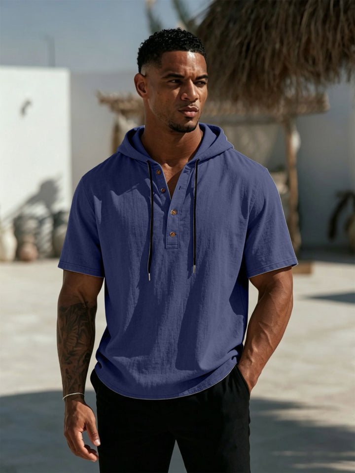 Men's Short Sleeve Hoodie Henley in Linen Look with Button Placket Mune Fashion