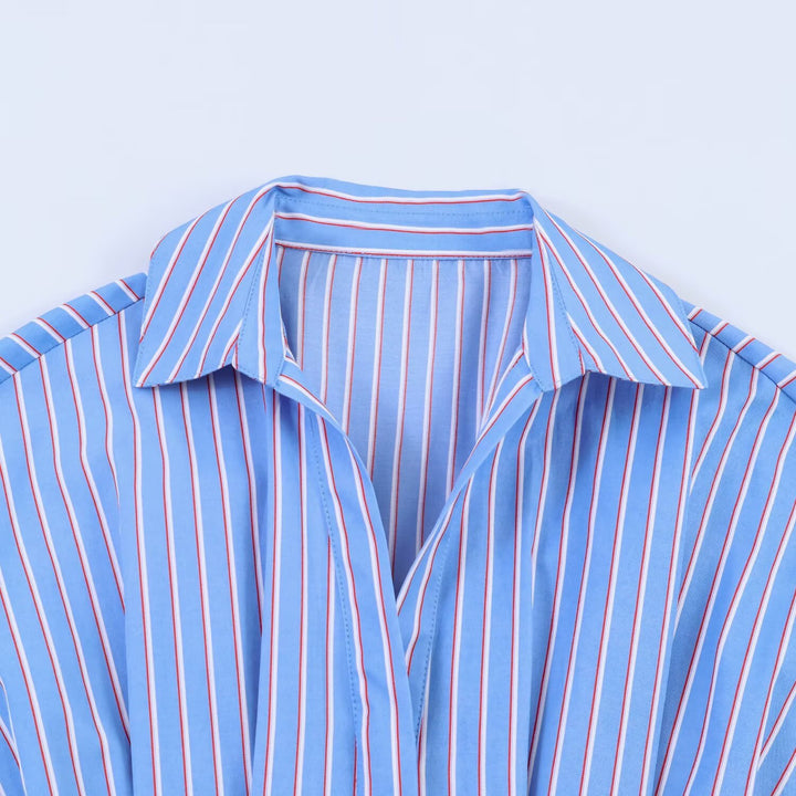 Women Striped Oversized Blouse with Tailoring Gatherings and Shirt Collar Mune Fashion