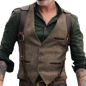 Men's Tweed Vest with Leather Straps and Vintage Details Mune Fashion