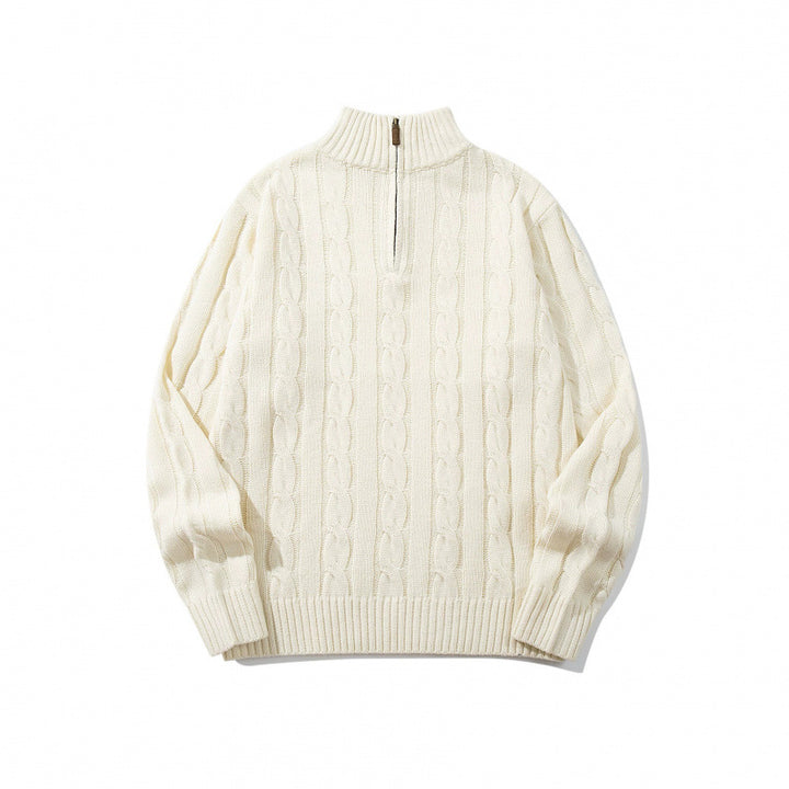 Unisex Coarse Knitted Half-Zip Cable Pattern Sweater with Stand-Up Collar and Ribbed Edges Mune Fashion