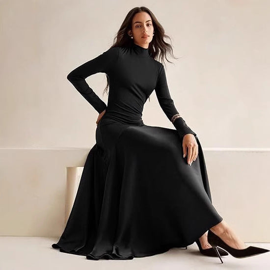 Women Elegant Long Sleeve Maxi Dress with High Neck and Flowing Skirt Mune