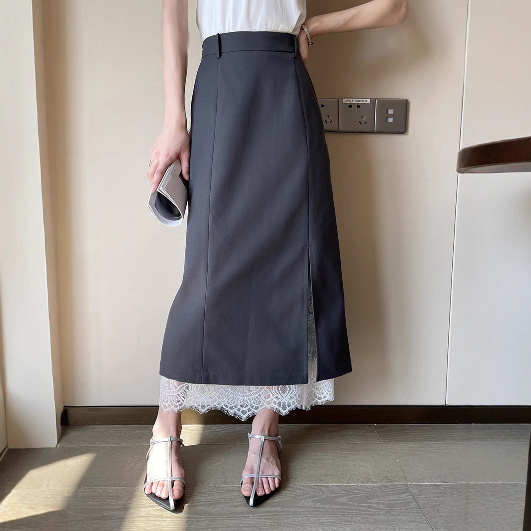 Women's Elegant Maxi Skirt with High Slit and Lace Trim Mune Fashion