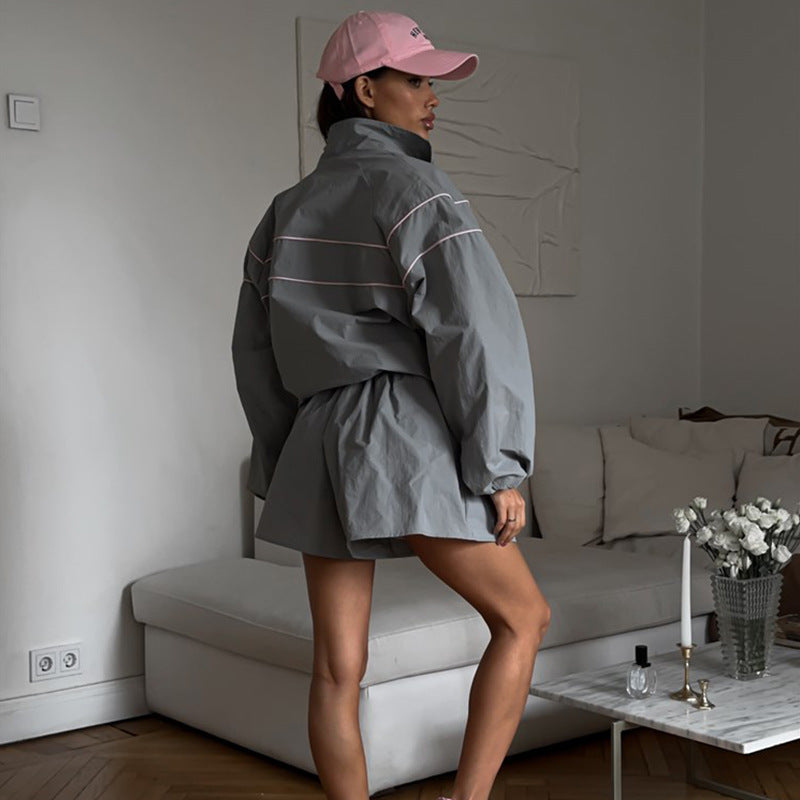 Ladies Nan Oversize Windbreaker Set with Waist Drawstring and High-Cut Shorts Mune Fashion