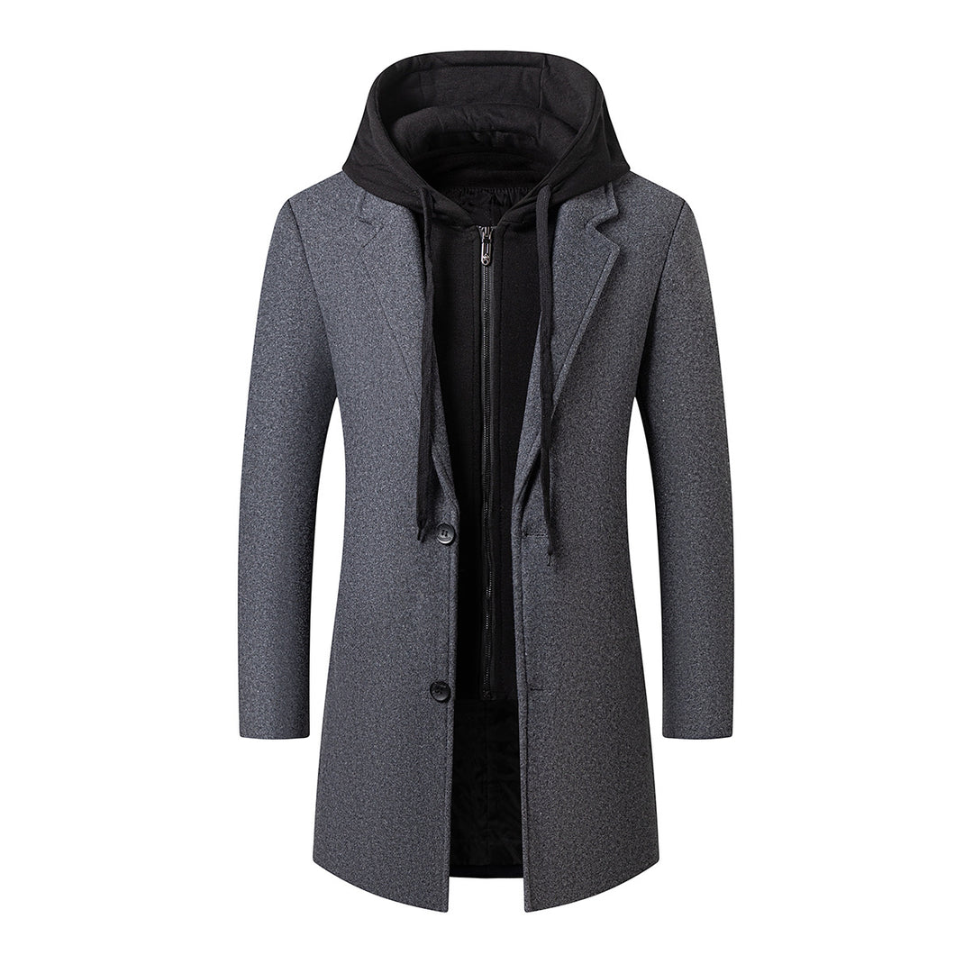 Men's Long Wool Blend Overcoat with Integrated Hooded Inner Jacket and Two-Way Zipper Mune Fashion
