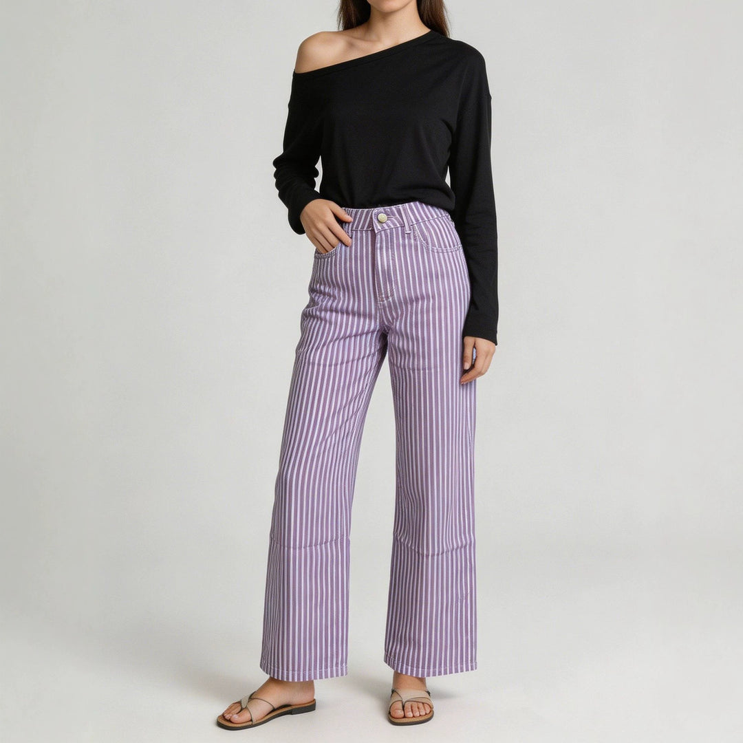Ladies wide High-Waist Palazzo pants with vertical stripe design and quilted knee areas Mune Fashion