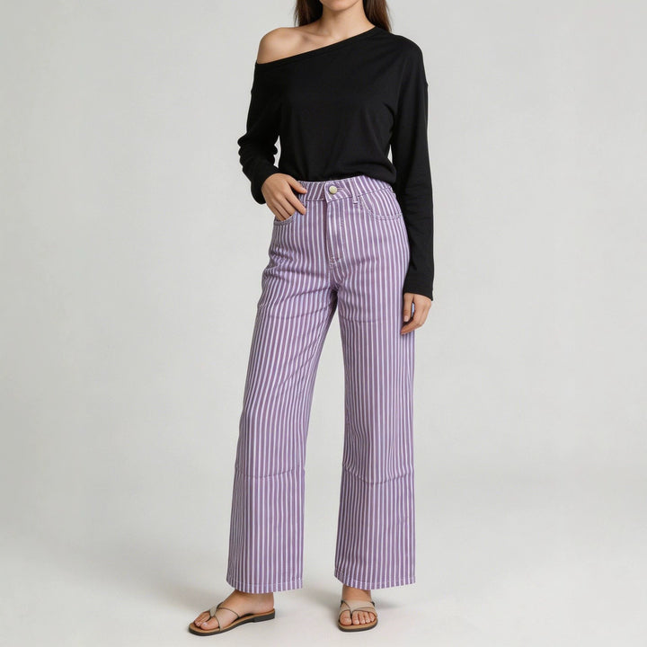 Ladies wide High-Waist Palazzo pants with vertical stripe design and quilted knee areas Mune Fashion