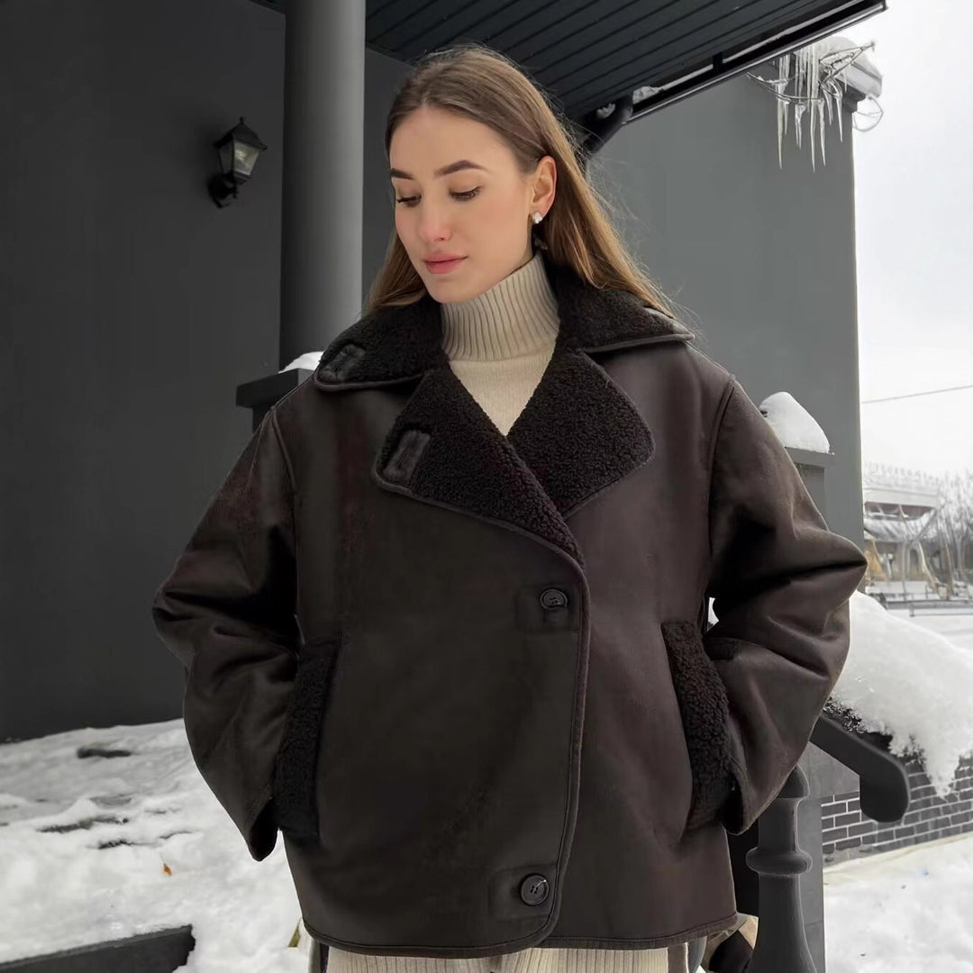 Women's Boxy Short Jacket made of Faux Suede with Teddy Collar and Concealed Button Placket Mune Fashion