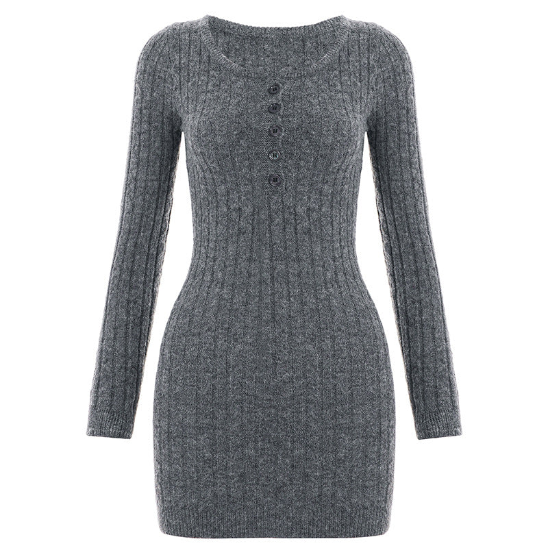 Women's bodycon rib-knit dress with Henley button placket and long sleeves Mune Fashion