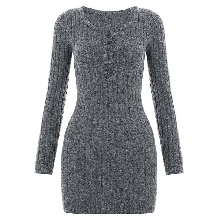 Women's bodycon rib-knit dress with Henley button placket and long sleeves Mune Fashion