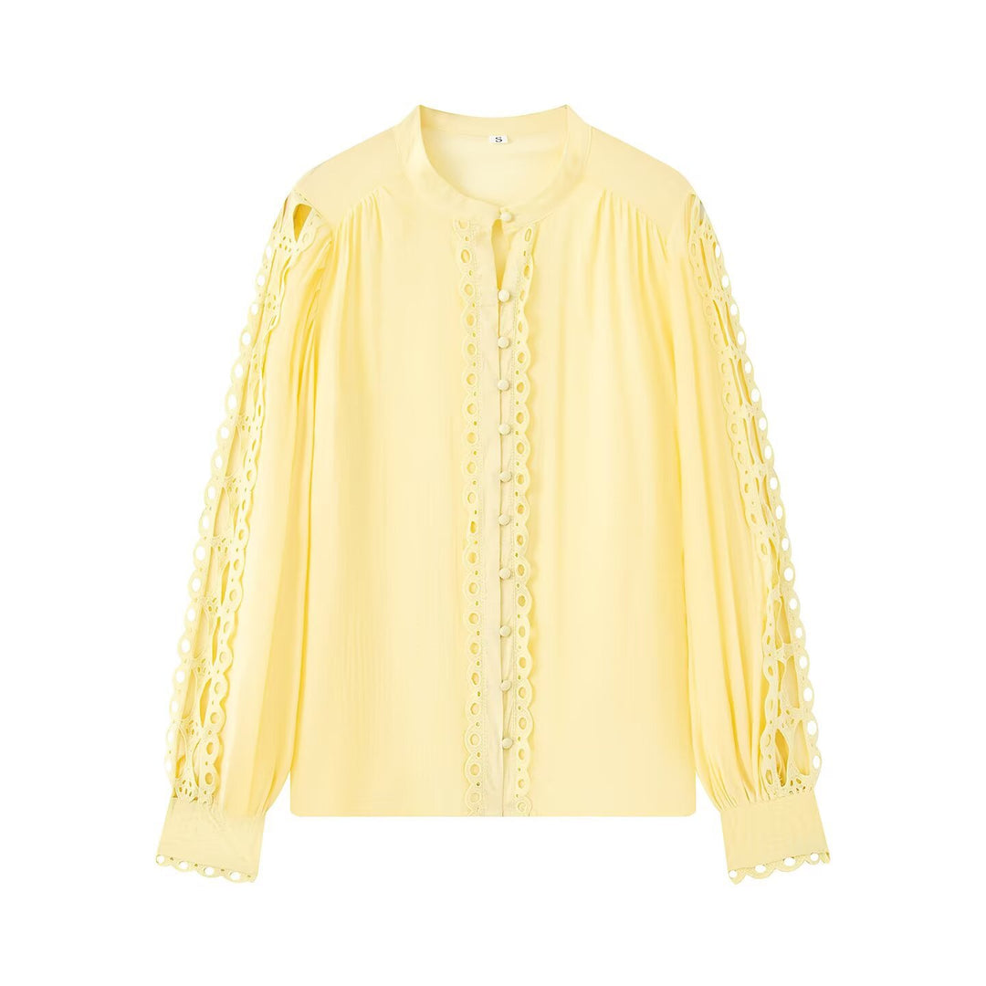Ladies blouse with lace cutouts, fine button placket and balloon sleeves Mune Fashion