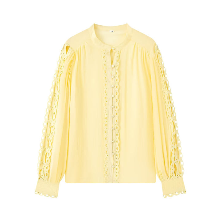 Ladies blouse with lace cutouts, fine button placket and balloon sleeves Mune Fashion