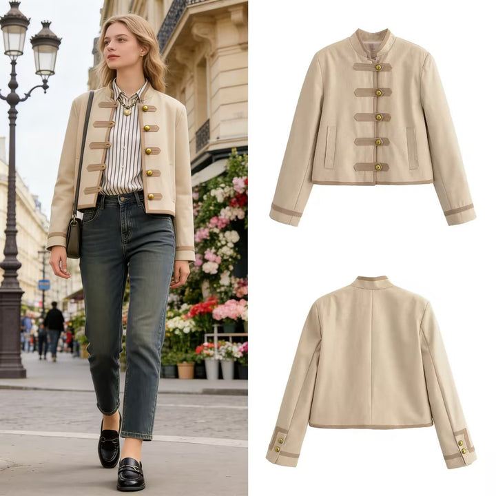 Women Short Military-Inspired Jacket with Stand Collar and Decorative Toggle Closure Mune Fashion