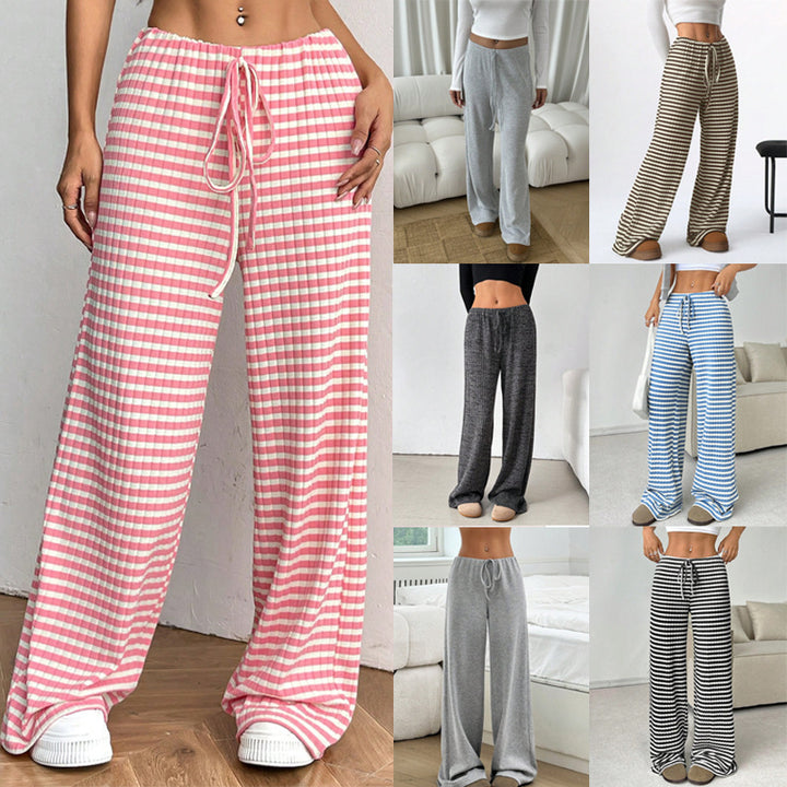 Women's loungewear pants with wide leg, ribbed fine knit and drawstring Mune Fashion