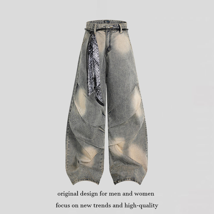 Women's extra wide distressed jeans in baggy cut with tie-dye wash and scarf belt Mune Fashion