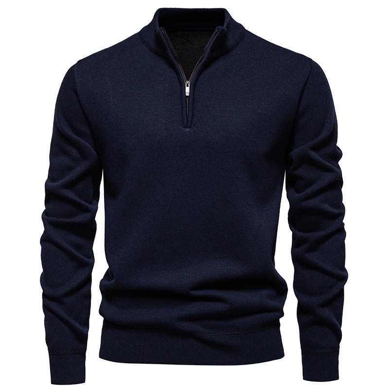 Men's Slim-Fit Fine Knit Sweater with Short Zipper, Stand Collar and Ribbed Hem Mune Fashion