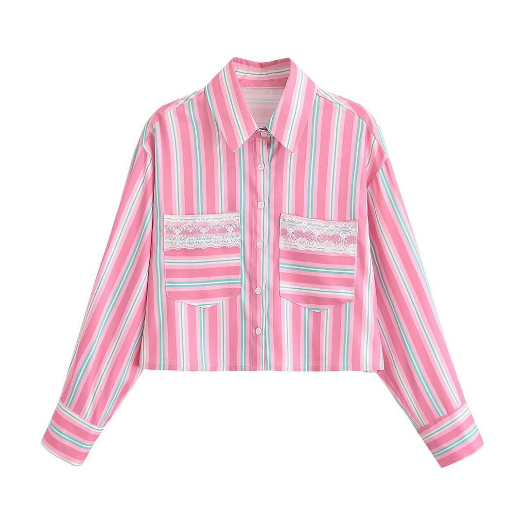 Women Cropped Shirt Blouse in Striped Look with Lace Trim and Patch Pockets Mune Fashion