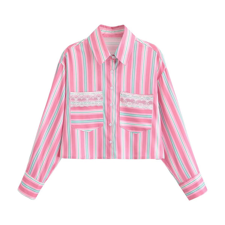 Women Cropped Shirt Blouse in Striped Look with Lace Trim and Patch Pockets Mune Fashion