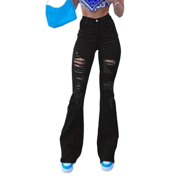 Women's Flared Jeans with High Waist, Sculpting Cut and Strong Destroyed Effect Mune Fashion