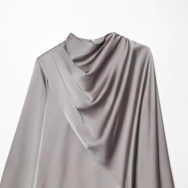 Women Asymmetrical Draped Satin Blouse with Waterfall Collar Mune Fashion