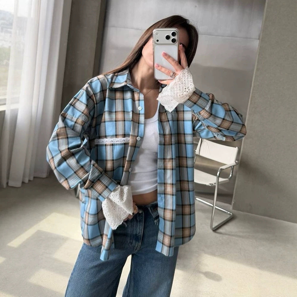 Women’s Oversize Checked Flannel Shirt with Lace Cuffs and Decorative Piping Mune Fashion