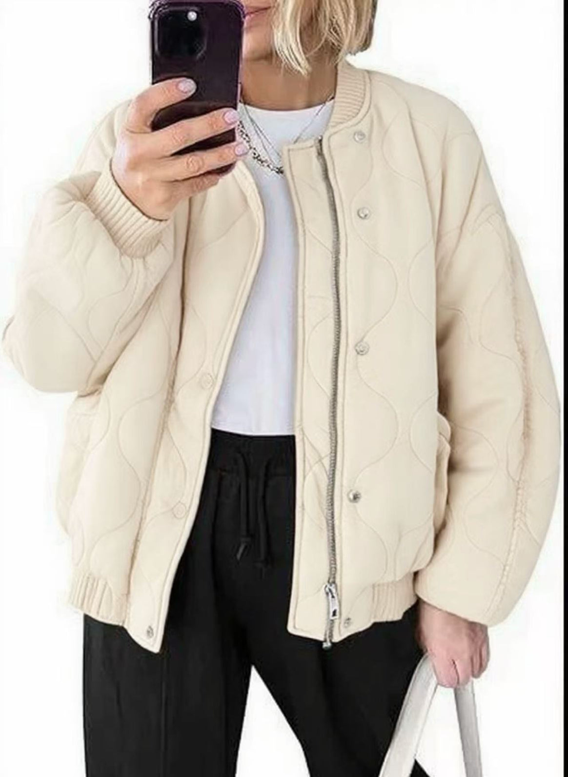 Women's Padded Bomber Jacket in Wave Quilt with Balloon Sleeves Mune Fashion