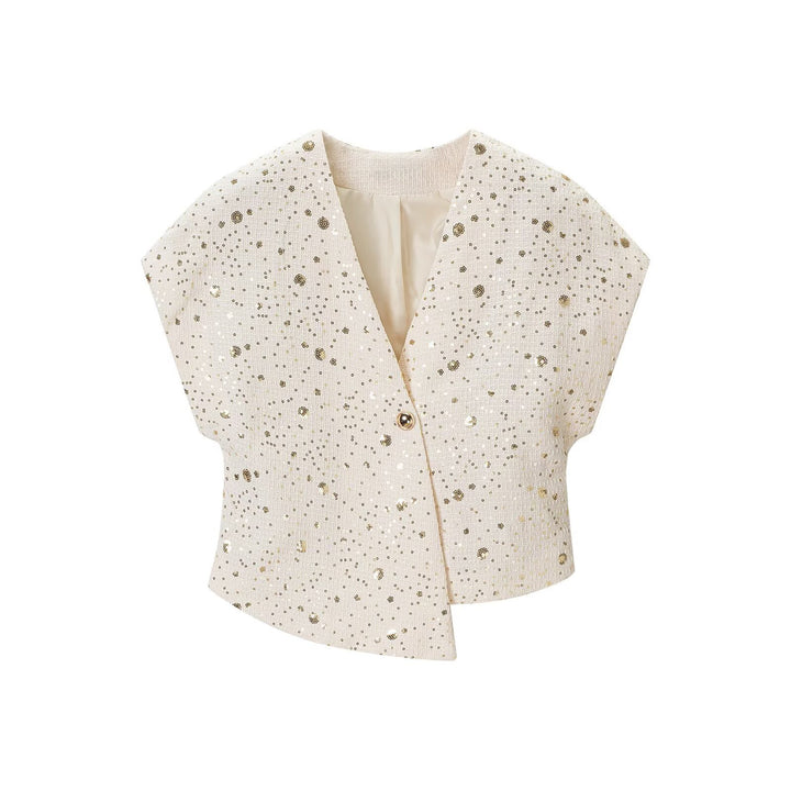 Women's Sleeveless Boucle Vest with Sequin Trim and V-Neck Dress
