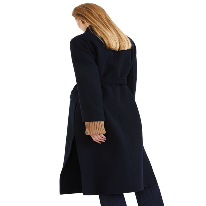 Women's long coat in a minimalist coat dress look with concealed double row and fabric belt Mune Fashion