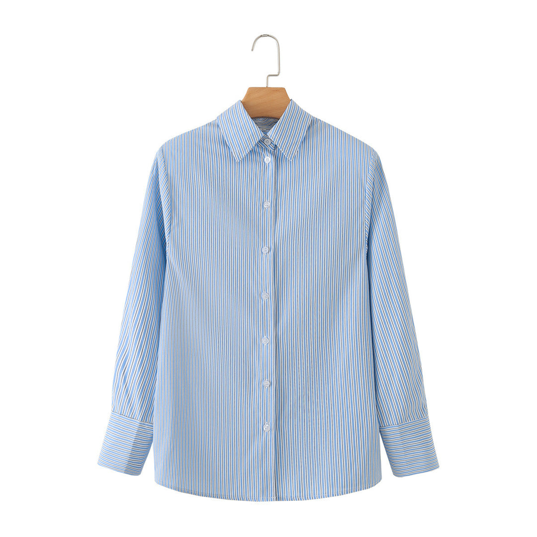Women Oversized Striped Blouse with Shirt Collar and Cuffs Mune Fashion