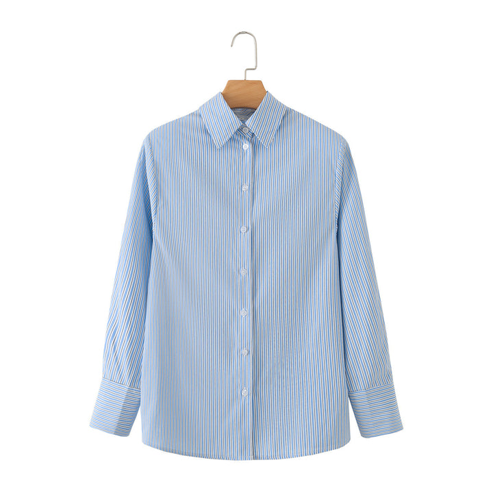 Women Oversized Striped Blouse with Shirt Collar and Cuffs Mune Fashion