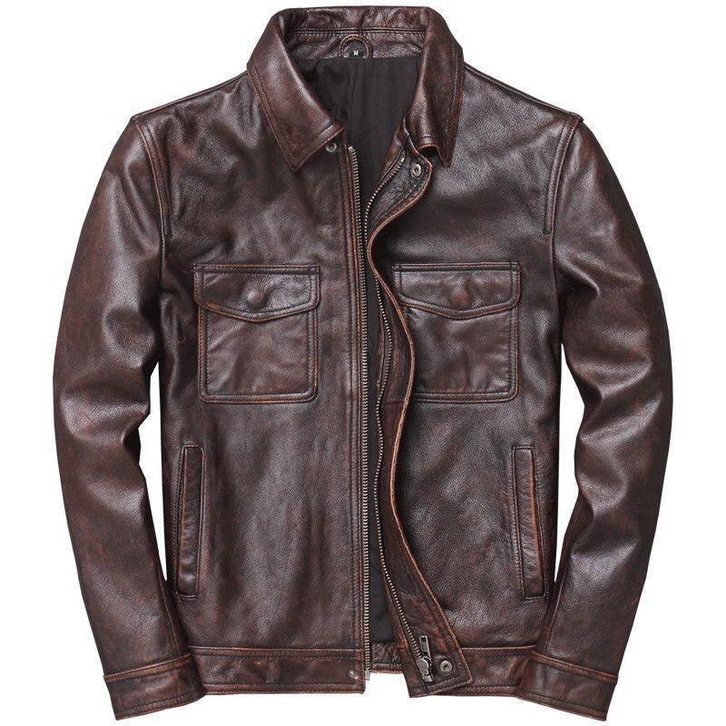 Men's leather jacket in vintage biker style with chest pockets and zipper Mune Fashion