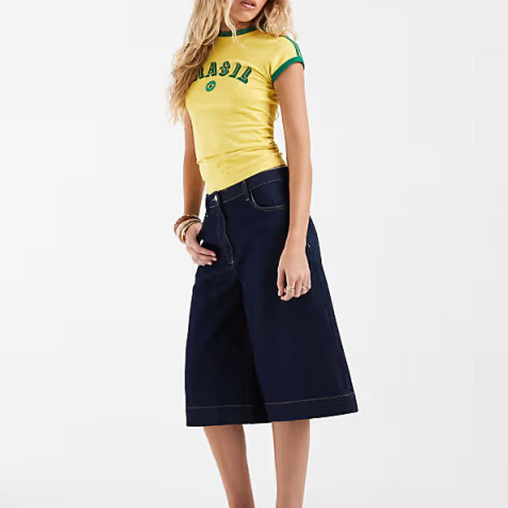 Ladies fitted ringer t-shirt with Brazil lettering and contrast cuffs Mune Fashion