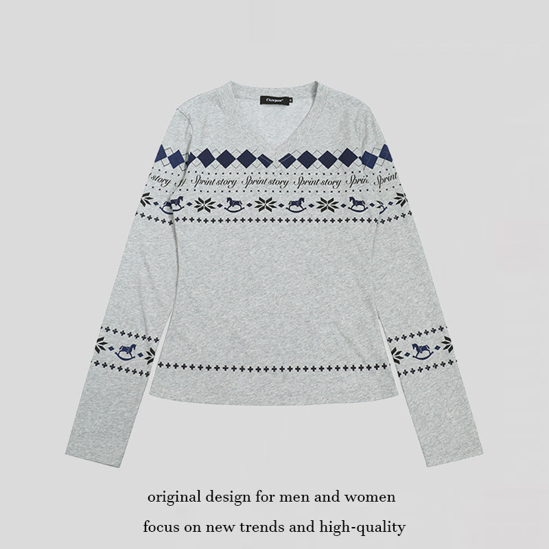 Women's Long Sleeve Shirt with V-Neck and Scandinavian Norwegian Print made of Cotton Blend Mune Fashion