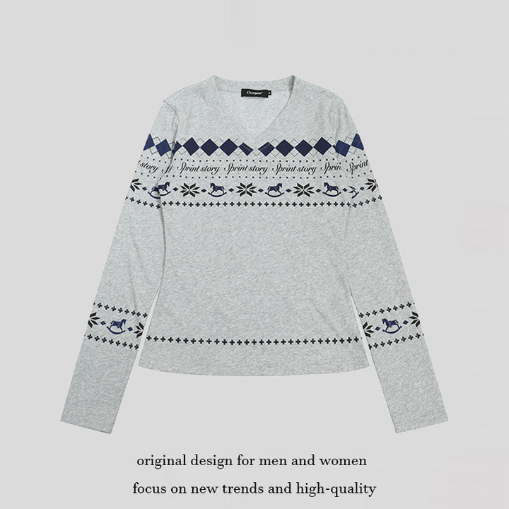 Women's Long Sleeve Shirt with V-Neck and Scandinavian Norwegian Print made of Cotton Blend Mune Fashion