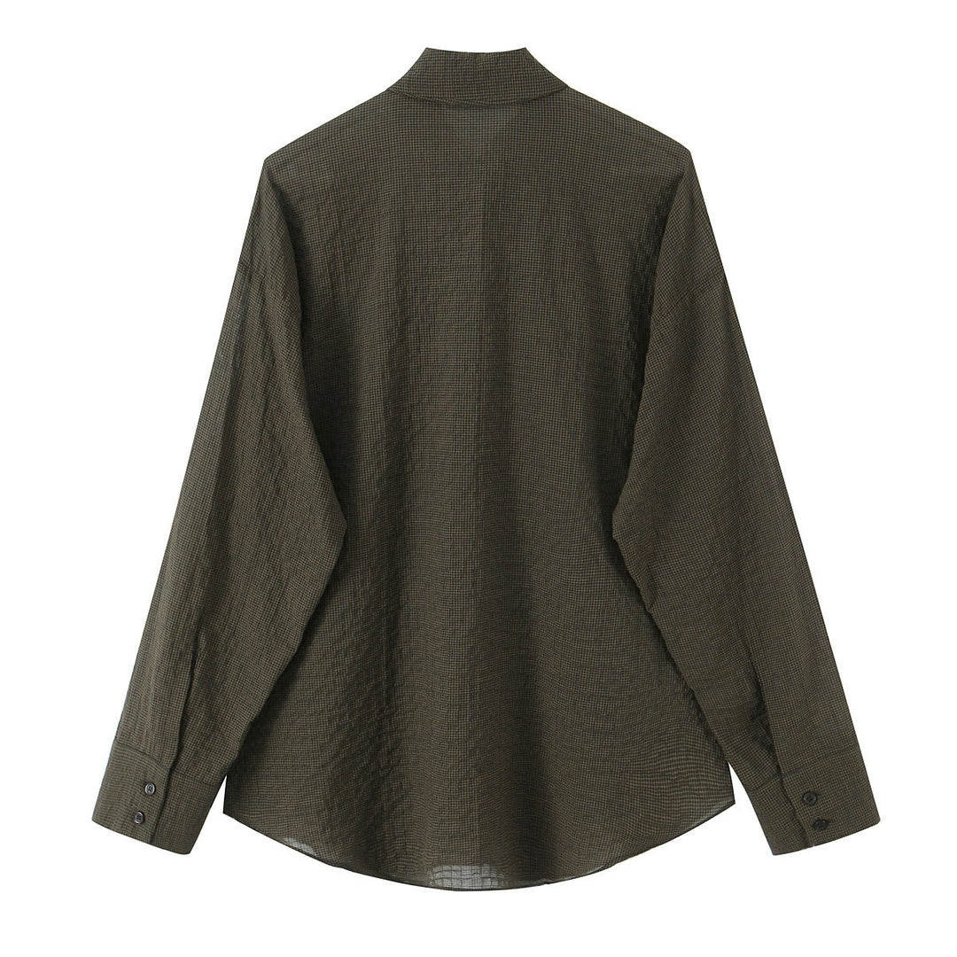 Women's Oversize Blouse with Bow Collar and Fine Vichy Check Mune Fashion