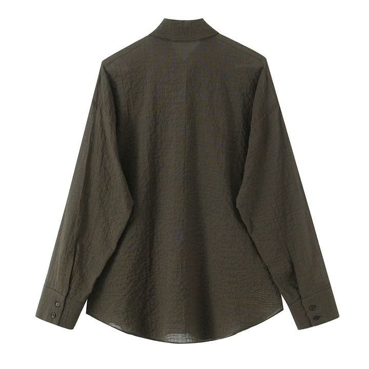 Women's Oversize Blouse with Bow Collar and Fine Vichy Check Mune Fashion