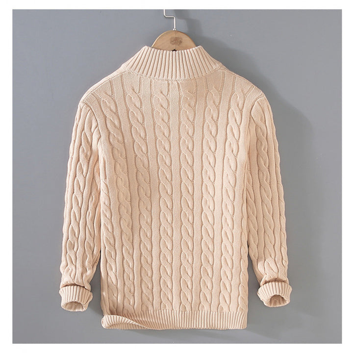 Men's cable knit semi-zip pullover made of soft cotton blend with stand-up collar Mune Fashion