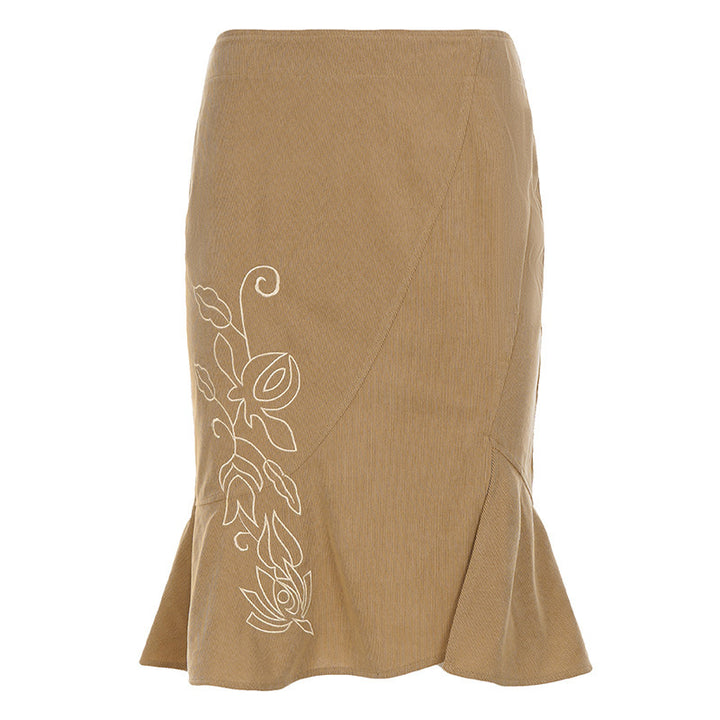 Women's flared midi skirt with side floral embroidery and ruffle Mune Fashion