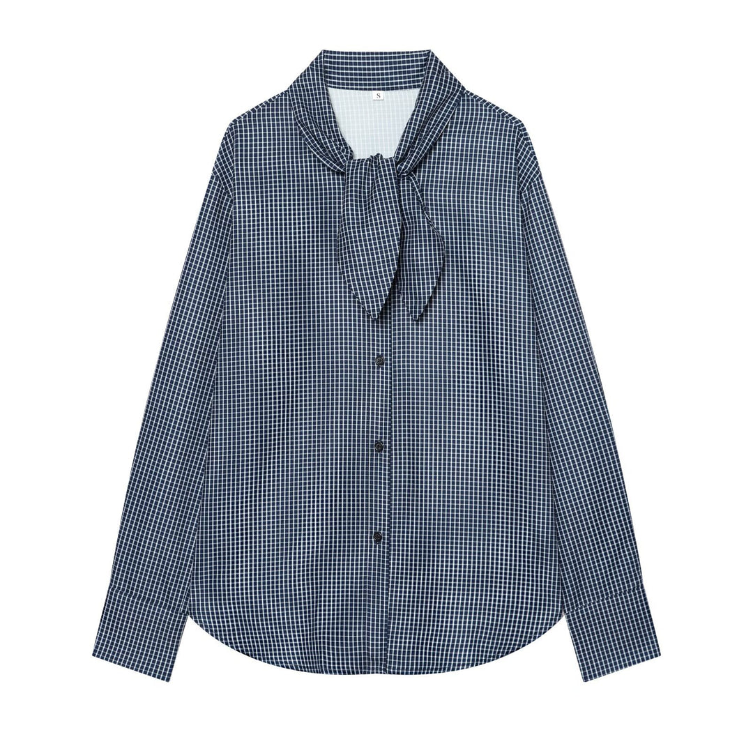 Women’s checkered blouse with bow collar and full button closure Mune Fashion