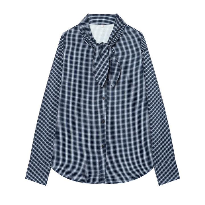 Women’s checkered blouse with bow collar and full button closure Mune Fashion