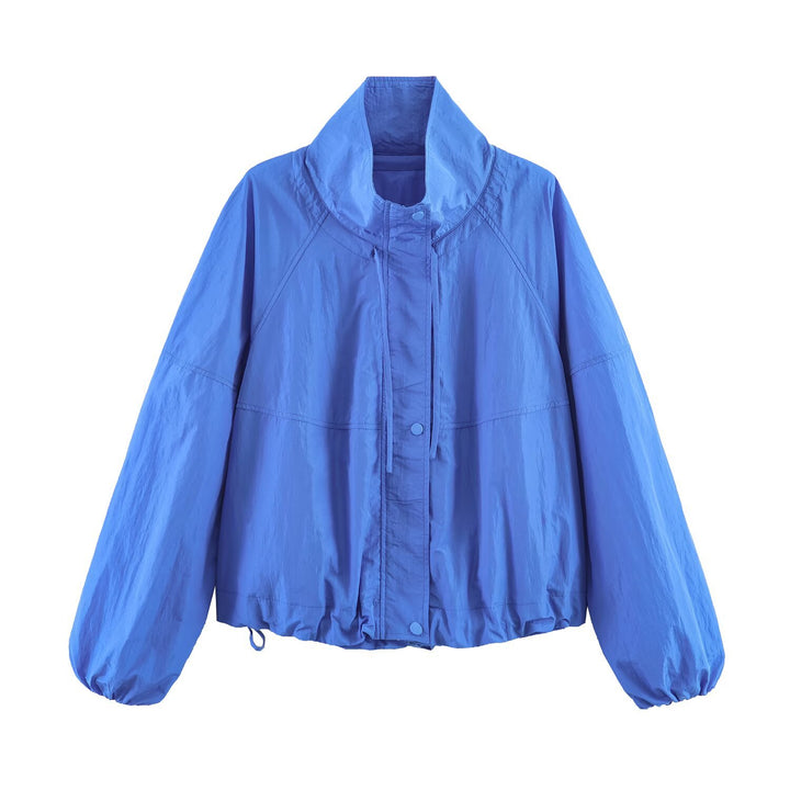 Women Lightweight Windbreaker Jacket with High Stand Collar, Drawstring Hem and Raglan Sleeves Mune Fashion